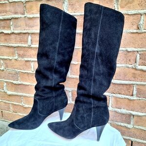 Lord & Taylor Black Suede Knee-High Pointed-Toe Heeled Boots